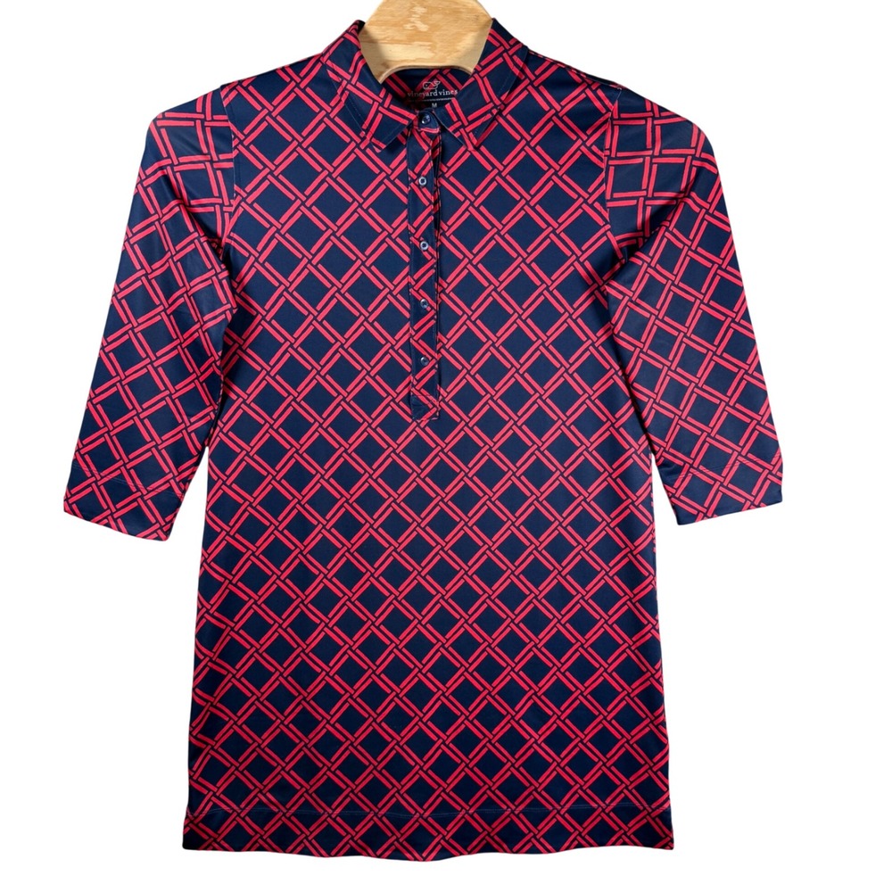 Vineyard Vines Performance Polo Dress Womens Medium Navy Red Lattice‎ Geometric